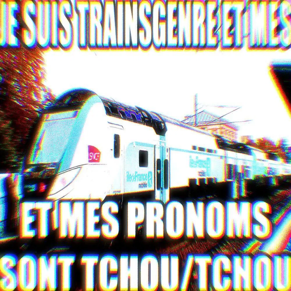 deep fried image of a train with the French text "je suis trainsgenre et mes pronoms sont tchou/tchou", which translates to "I'm trainsgender and my pronouns are choo/choo"